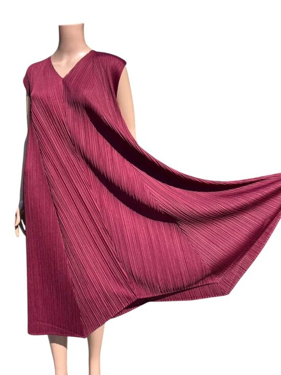 PLEATS PLEASE Issey Miyake Oversized Sleeveless Purple Red V-Neck Dress Size 3 L - Picture 1 of 11